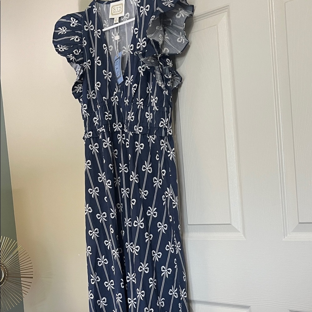 Sail to Sable Navy Maxi Dress with White Bow Design